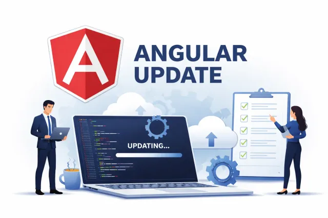 Illustration eines Angular-Update-Prozesses mit Logo, Laptop, Code, Cloud-Symbolen und Checkliste.
