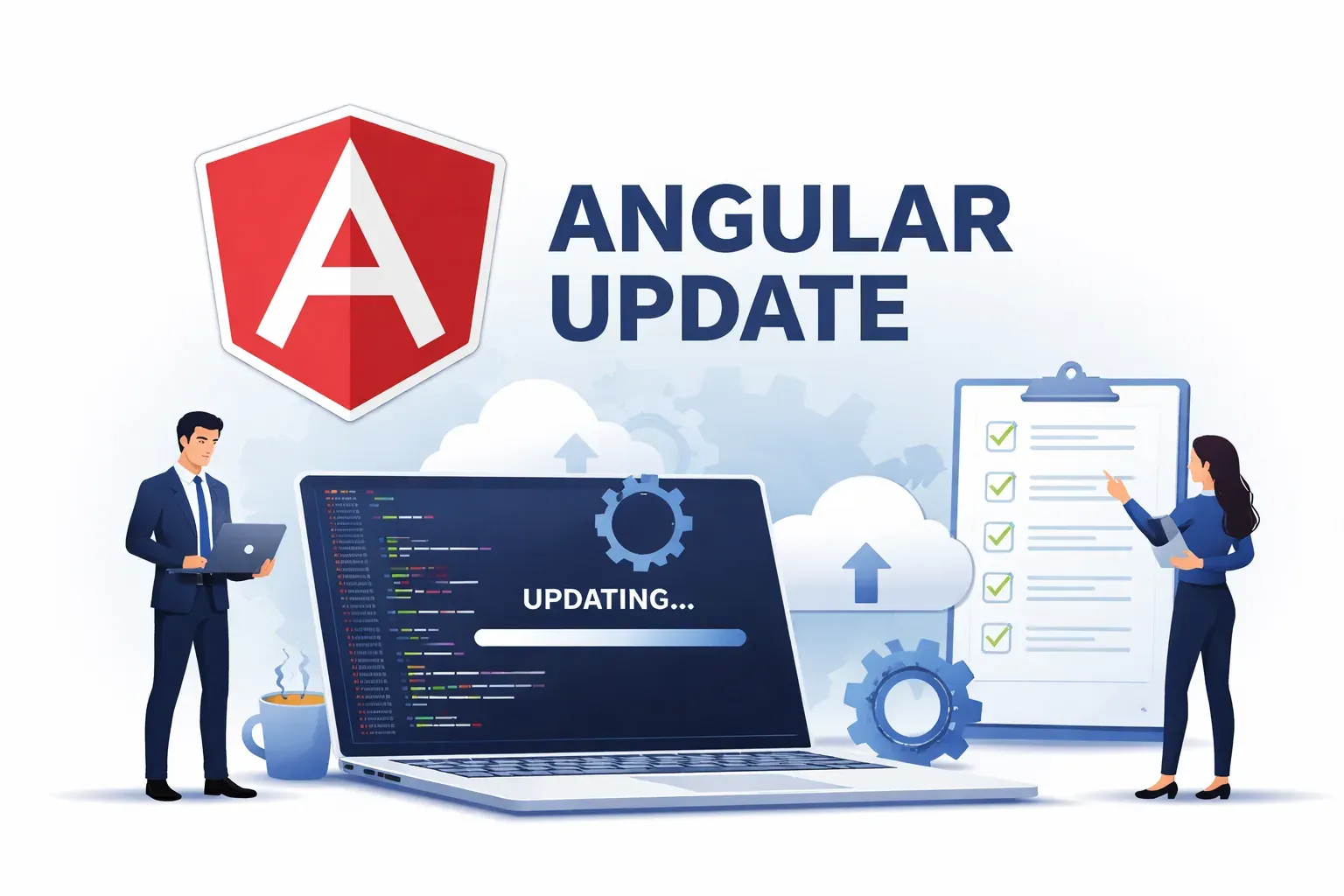 Illustration eines Angular-Update-Prozesses mit Logo, Laptop, Code, Cloud-Symbolen und Checkliste.