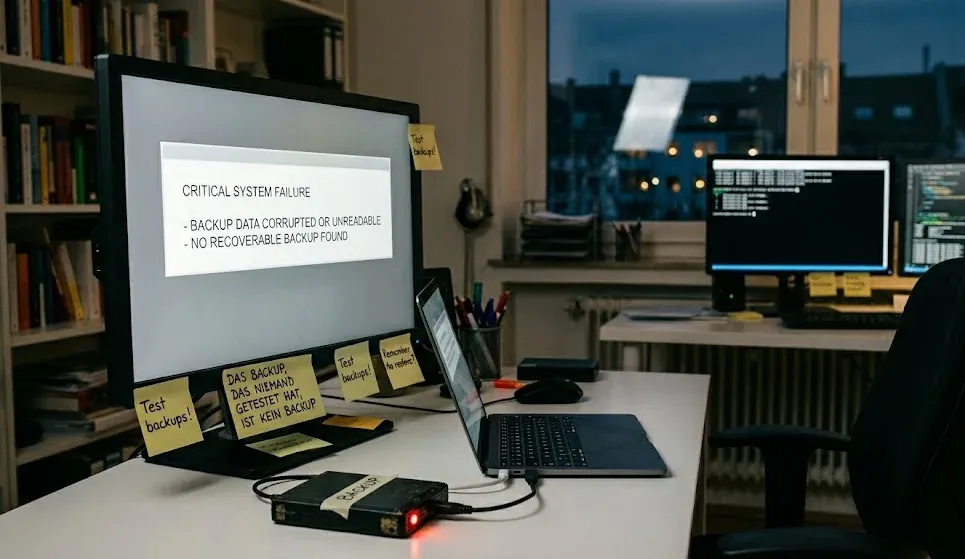 Monitor mit Critical-System-Failure-Meldung, daneben Haftnotizen mit der Aufschrift 'Test backups!'.