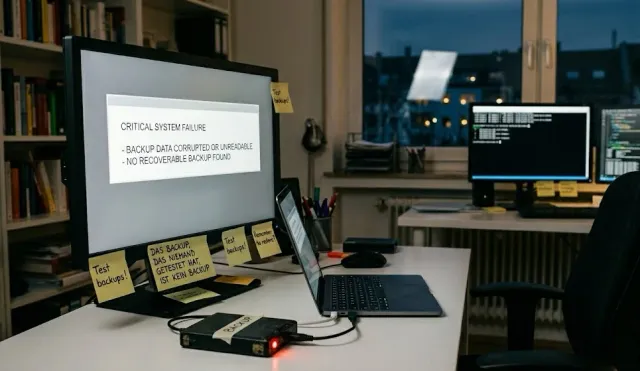Monitor mit Critical-System-Failure-Meldung, daneben Haftnotizen mit der Aufschrift 'Test backups!'.
