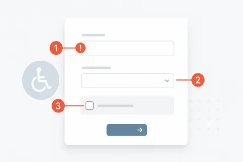 Ein Online-Formular mit drei rot markierten Problemstellen: ein Feld ohne Label, ein Fehlertext nur in Rot, ein Captcha ohne Alternative.