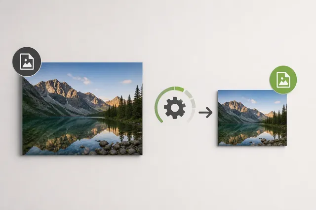 Ein hochauflösendes Bild links, ein Pfeil zu einem Build-Prozess in der Mitte, rechts mehrere optimierte Varianten in WebP, AVIF und verschiedenen Größen.