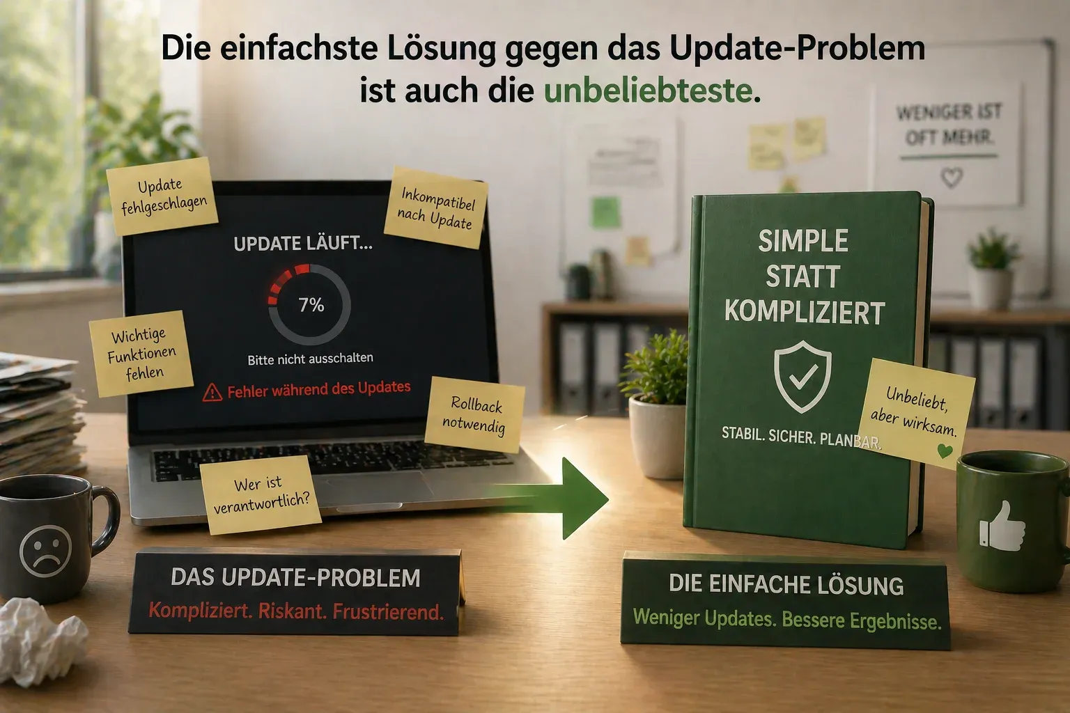 Links ein Laptop mit fehlgeschlagenem Update bei 7% und Haftnotizen zu Problemen, rechts ein grünes Buch 'Simple statt kompliziert – stabil, sicher, planbar' als einfache Lösung.
