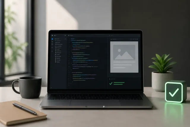Ein Schreibtisch mit Laptop, daneben eine Checkliste mit fünf abgehakten Punkten und ein laufendes Terminal-Fenster.