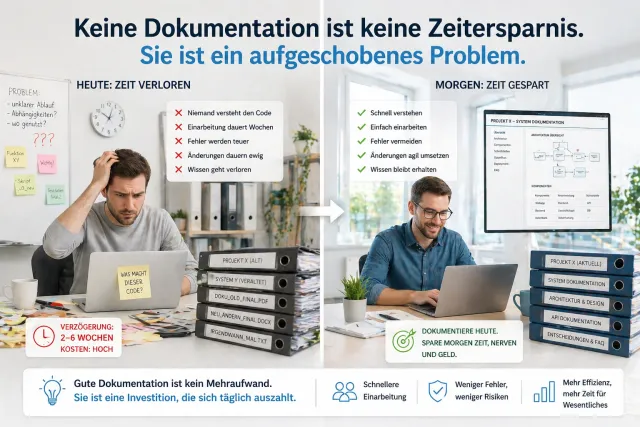 Links ein überarbeiteter Entwickler vor chaotischem Schreibtisch mit Haftnotizen und veralteten Ordnern, rechts ein entspannter Entwickler mit gepflegter Systemdokumentation auf dem Bildschirm.