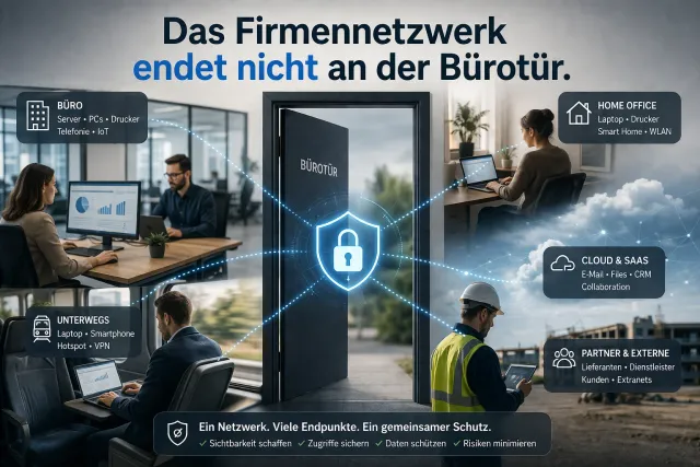 Geöffnete Bürotür als Mitte, drumherum vier Szenen: Büro, Homeoffice, Unterwegs und Partner-Externe, alle verbunden durch ein Schloss-Symbol als gemeinsamer Schutzpunkt.