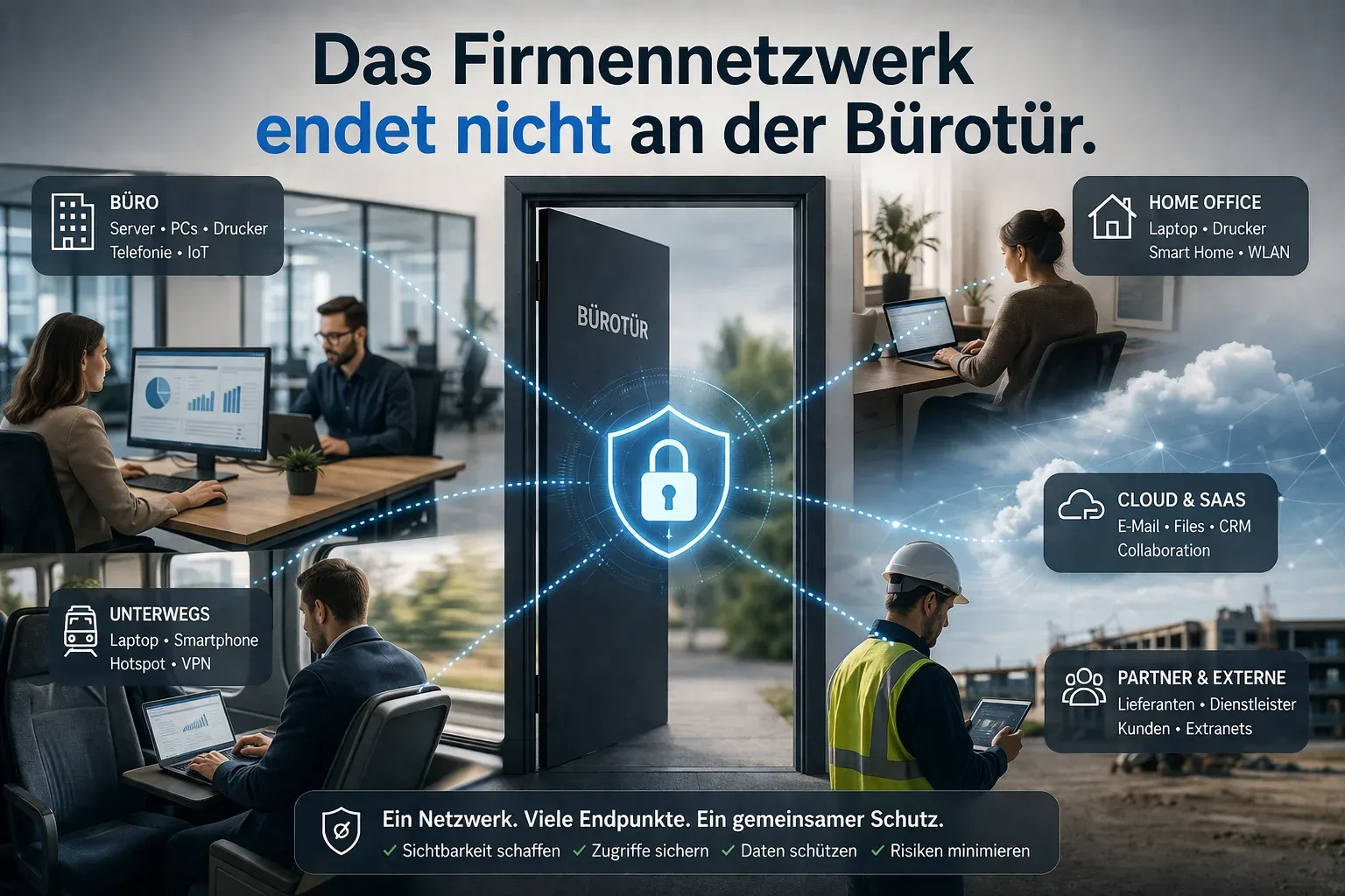 Geöffnete Bürotür als Mitte, drumherum vier Szenen: Büro, Homeoffice, Unterwegs und Partner-Externe, alle verbunden durch ein Schloss-Symbol als gemeinsamer Schutzpunkt.