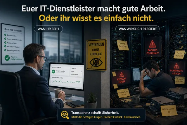 Zwei Seiten getrennt durch ein Schild 'Vertrauen ohne Einblick': links ein Geschäftsführer mit grünem System-Status, rechts ein überarbeiteter Admin vor Servern mit Warnmeldungen zu fehlerhaften Backups und Sicherheitslücken.