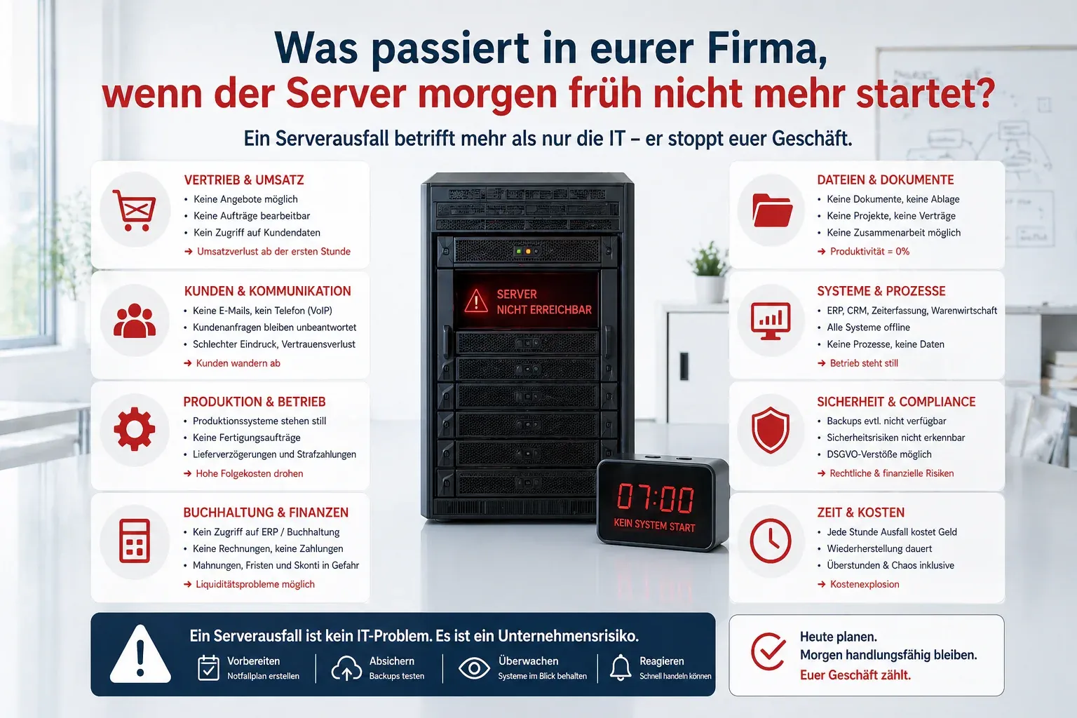 Server-Rack mit roter Fehlermeldung 'Server nicht erreichbar' und Wecker mit Anzeige '07:00 Kein System Start', drumherum acht Kacheln mit Folgen des Ausfalls für Vertrieb, Produktion, Buchhaltung, Kommunikation und weitere Bereiche.