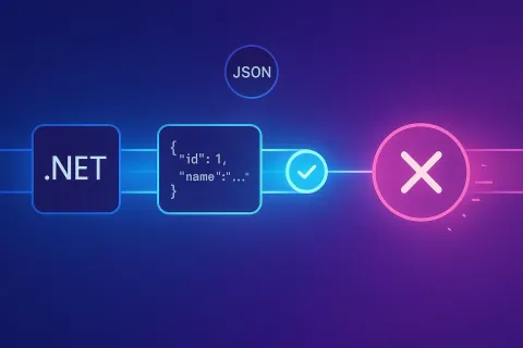 Ein Schema-Dokument in der Mitte verbindet einen Frontend-Code-Block links mit einem Backend-Code-Block rechts.