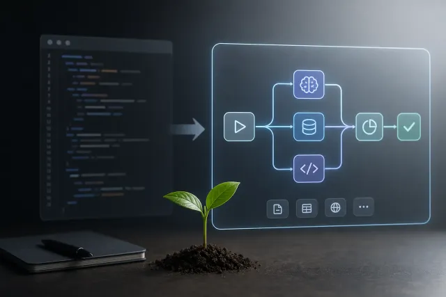 Ein neuer Entwickler vor einem Bildschirm, daneben ein zweiter Bildschirm mit KI-Tool und Workflow-Diagramm, Pfeile zwischen beiden.