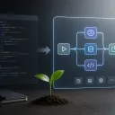 Ein neuer Entwickler vor einem Bildschirm, daneben ein zweiter Bildschirm mit KI-Tool und Workflow-Diagramm, Pfeile zwischen beiden.