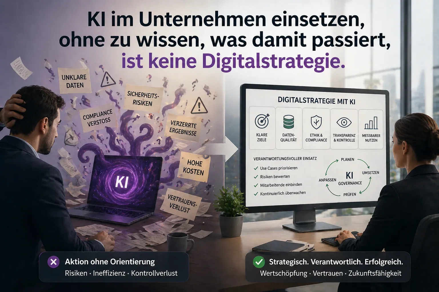 Links ein überfordeter Mann vor einem Laptop mit KI-Chaos und schwebenden Begriffen wie Compliance-Verstoß und Vertrauensverlust, rechts eine Frau vor einem Monitor mit strukturierter KI-Governance-Übersicht.
