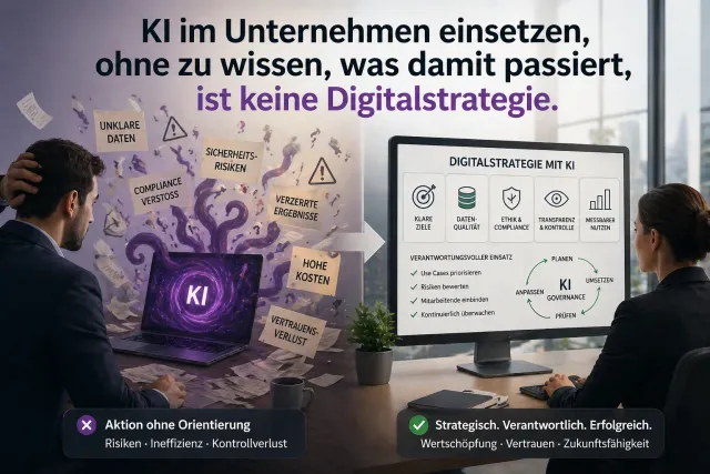 Links ein überfordeter Mann vor einem Laptop mit KI-Chaos und schwebenden Begriffen wie Compliance-Verstoß und Vertrauensverlust, rechts eine Frau vor einem Monitor mit strukturierter KI-Governance-Übersicht.