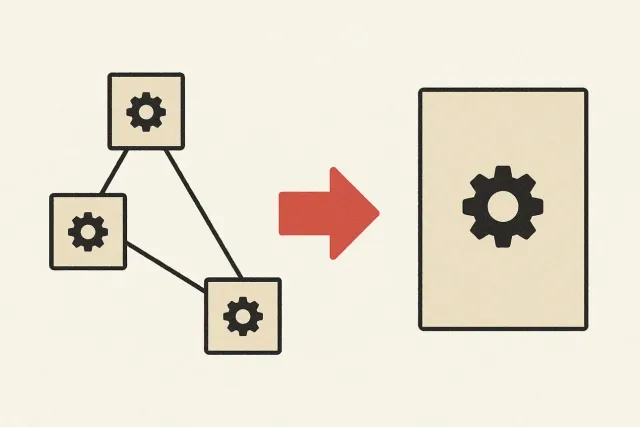 Ein älteres Server-System links, ein modernisiertes System rechts, dazwischen ein Pfad mit kleinen Trittsteinen statt einer großen Brücke.