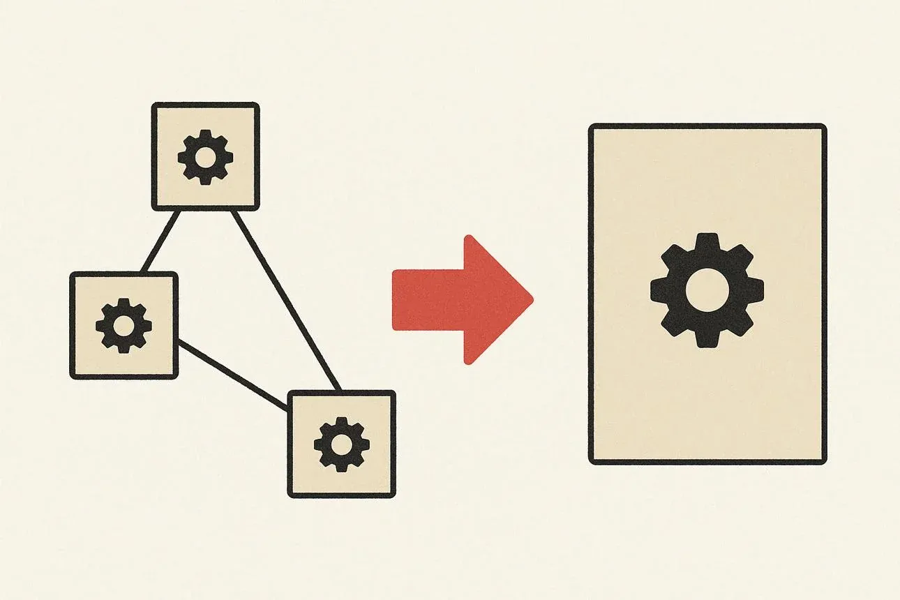 Ein älteres Server-System links, ein modernisiertes System rechts, dazwischen ein Pfad mit kleinen Trittsteinen statt einer großen Brücke.
