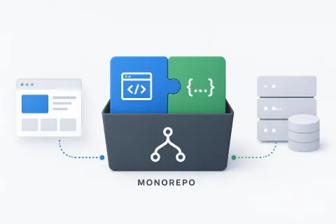 Ein Repository-Symbol mit zwei Ordnern darin, einer beschriftet Frontend, einer Backend, daneben eine Waage mit Vor- und Nachteilen.