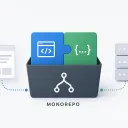 Ein Repository-Symbol mit zwei Ordnern darin, einer beschriftet Frontend, einer Backend, daneben eine Waage mit Vor- und Nachteilen.