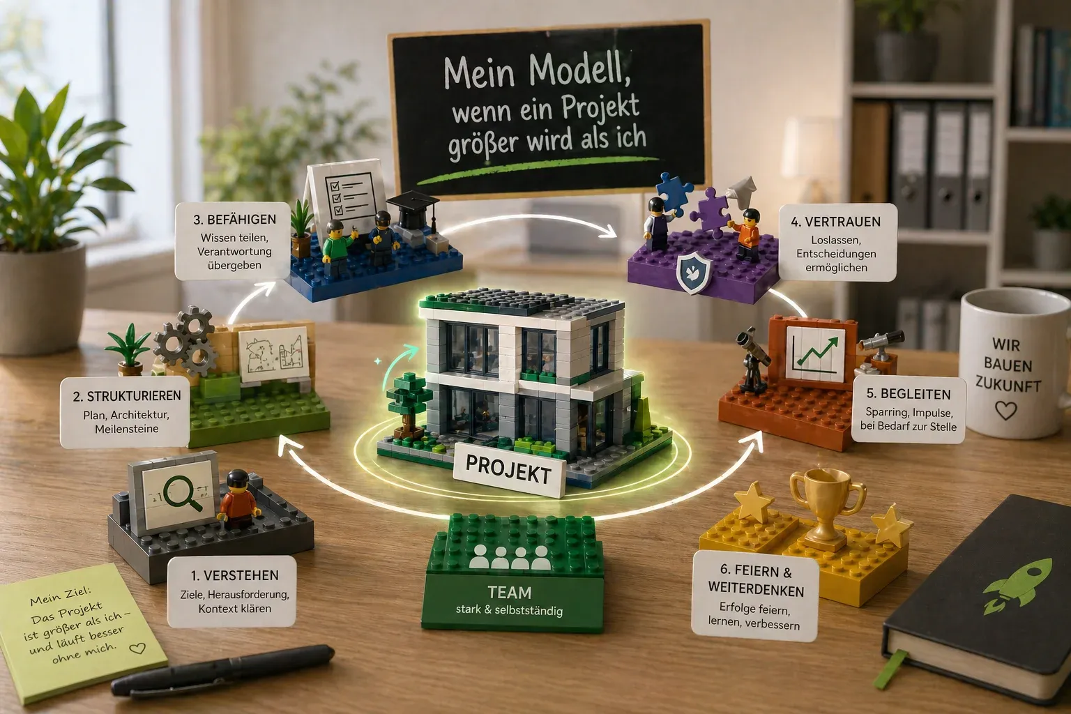 Lego-Figuren und -Bausteine kreisförmig um ein Projekt-Gebäude angeordnet, mit sechs beschrifteten Stationen: Verstehen, Strukturieren, Befähigen, Vertrauen, Begleiten und Feiern, im Hintergrund eine Tafel mit 'Mein Modell, wenn ein Projekt größer wird als ich'.
