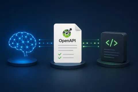 Ein OpenAPI-Schema-Dokument in der Mitte, links eine KI mit Pfeil, rechts eine Anwendung, beide Pfeile gehen über das Schema hinweg.