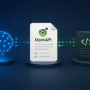 Ein OpenAPI-Schema-Dokument in der Mitte, links eine KI mit Pfeil, rechts eine Anwendung, beide Pfeile gehen über das Schema hinweg.