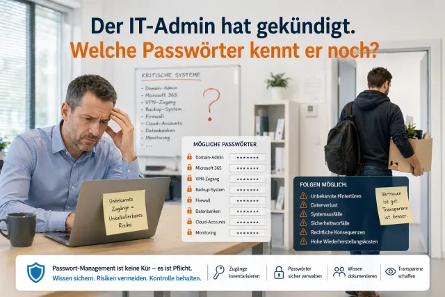 Besorgter Geschäftsführer am Laptop mit Haftnotiz 'Unbekannte Zugänge = Unkalkulierbares Risiko', im Hintergrund ein IT-Admin der das Büro mit einem Karton verlässt, daneben eine Liste kritischer Systeme ohne bekannte Passwörter.