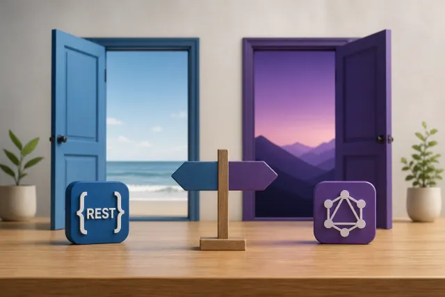 Eine Skizze mit zwei API-Stilen: links REST mit klar getrennten Endpunkten, rechts GraphQL mit einem zentralen Knoten und vielen Abzweigungen.