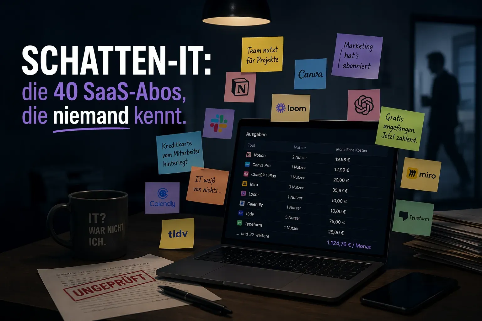 Laptop mit einer Ausgabenliste für SaaS-Abos, drumherum bunte Haftnotizen mit Tool-Namen, eine Kaffeetasse mit der Aufschrift 'IT? War nich ich.' und ein Zettel mit Stempel 'Ungeprüft'.
