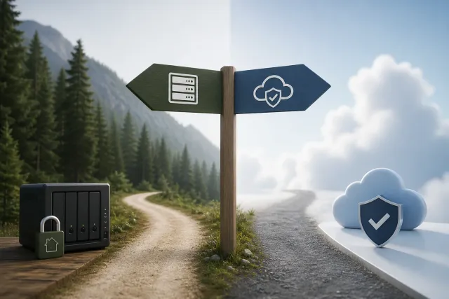 Ein Server-Symbol links, ein Cloud-Symbol mit Vertragspapier rechts, dazwischen eine Entscheidungs-Verzweigung mit drei Ästen.