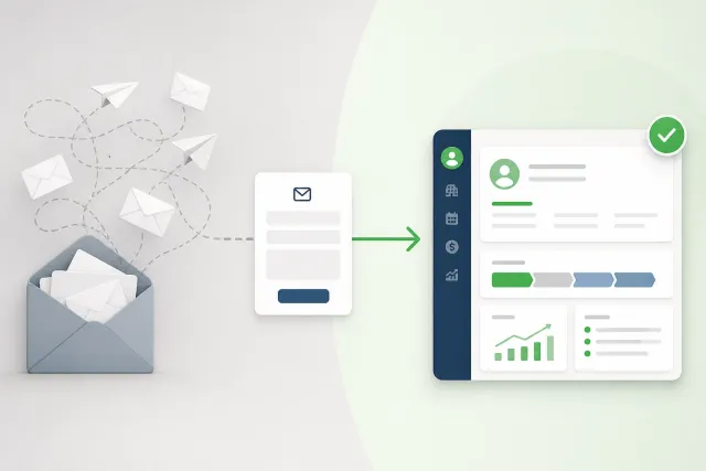 Ein Kontaktformular auf einer Website, ein Pfeil führt direkt zu einem CRM-Eintrag mit Kategorisierung und Status, statt zu einem überfüllten Postfach.
