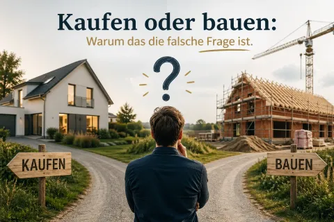Person an einem Weggabelung mit Schildern 'Kaufen' und 'Bauen', über beiden Wegen schwebende Icons zu Sicherheit, Kosten, Individualität und Wettbewerbsvorteil.