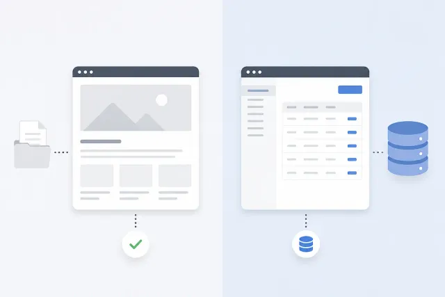 Links eine Website-Datei als Symbol mit Pfeil zum Browser, rechts eine Datenbank mit komplexem Server-Aufbau, beide unter einer Waage.