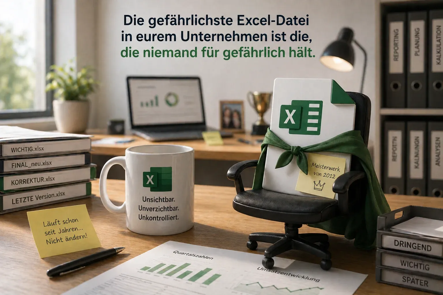 Schreibtisch mit einer Excel-Datei auf einem Chefsessel mit Umhang und Haftnotiz 'Meisterwerk von 2012', daneben ein Stapel weiterer xlsx-Dateien mit Namen wie 'FINAL_neu' und 'LETZTE Version', und eine Tasse mit der Aufschrift 'Unsichtbar. Unverzichtbar. Unkontrolliert.'.