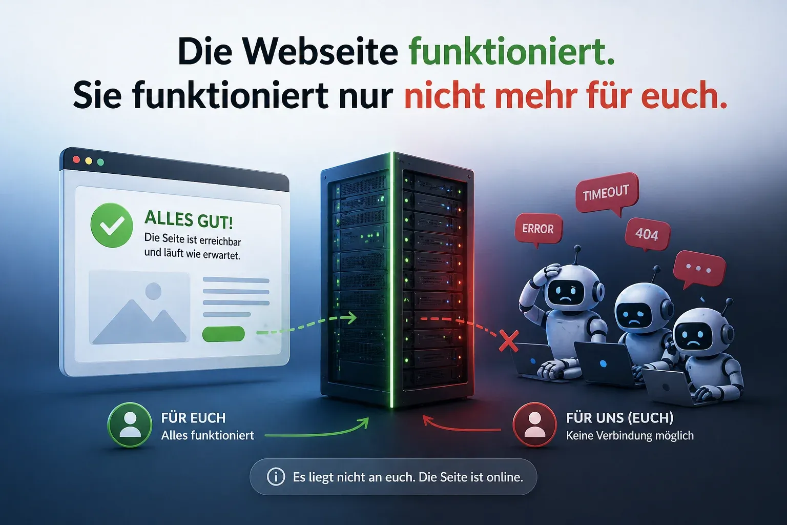 Illustration mit zwei Seiten: links 'Alles gut, die Seite läuft' für den Betreiber, rechts drei traurige Roboter mit Error- und Timeout-Meldungen als Nutzer.